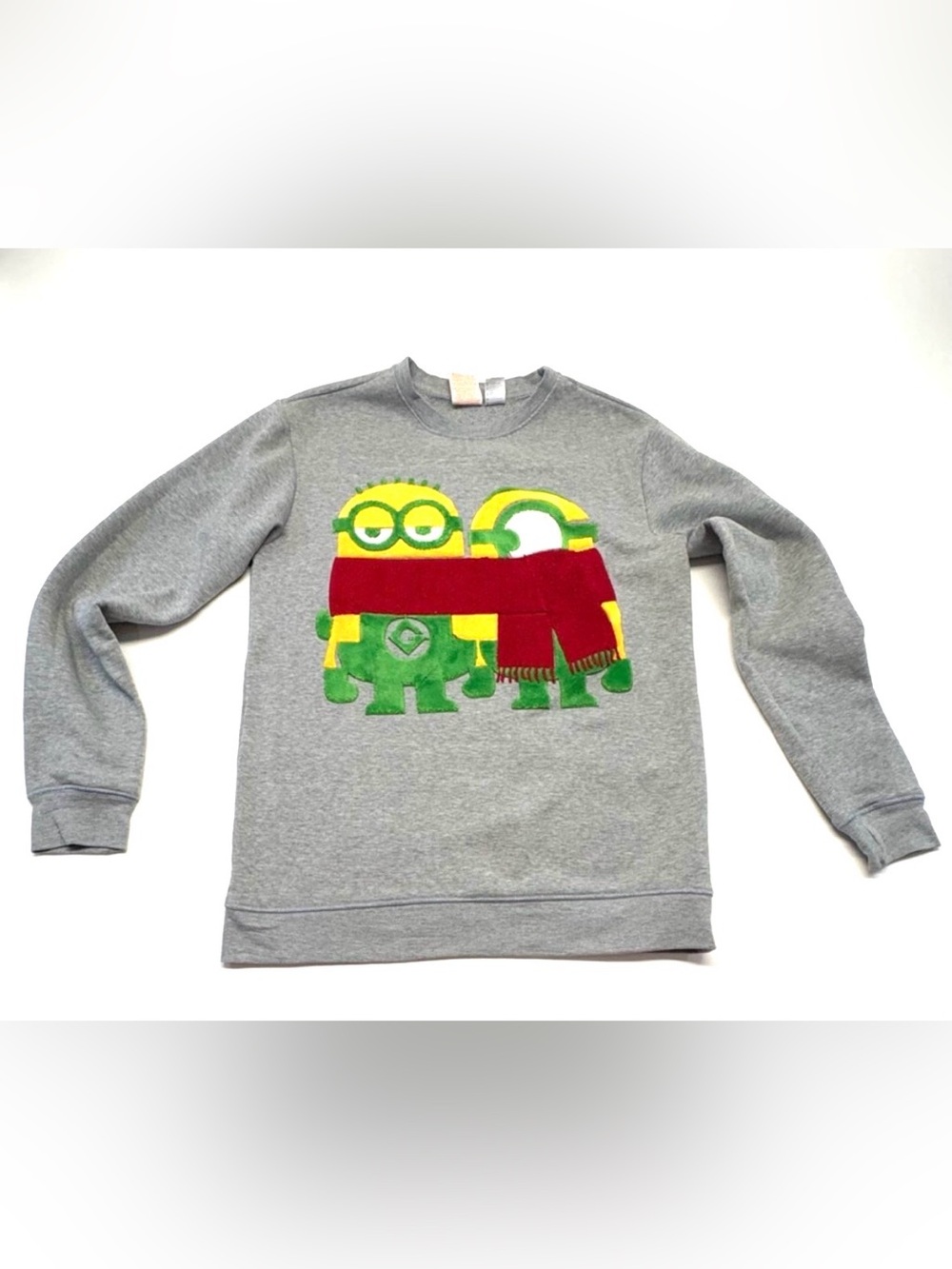 Grey Ladies Crewneck Sweater with Minion Graphic and Red Scarf Size S/M